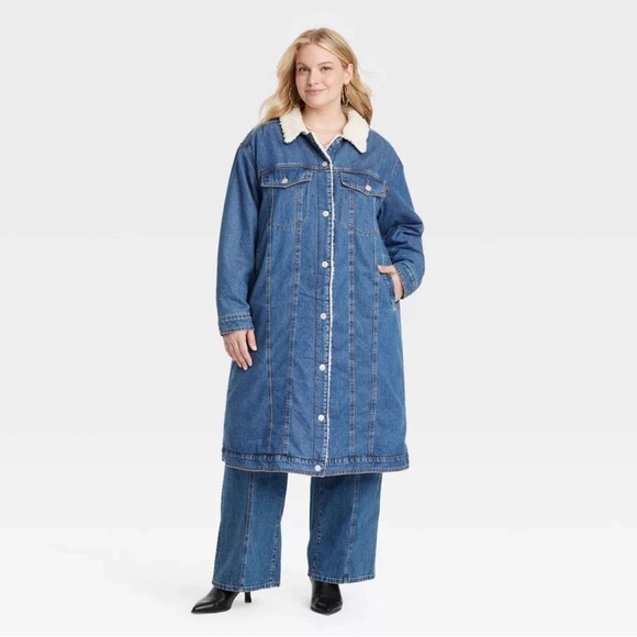 Women's Faux Shearling Long Denim Trucker Jacket - Universal Thread Sz 1X - Picture 1 of 3